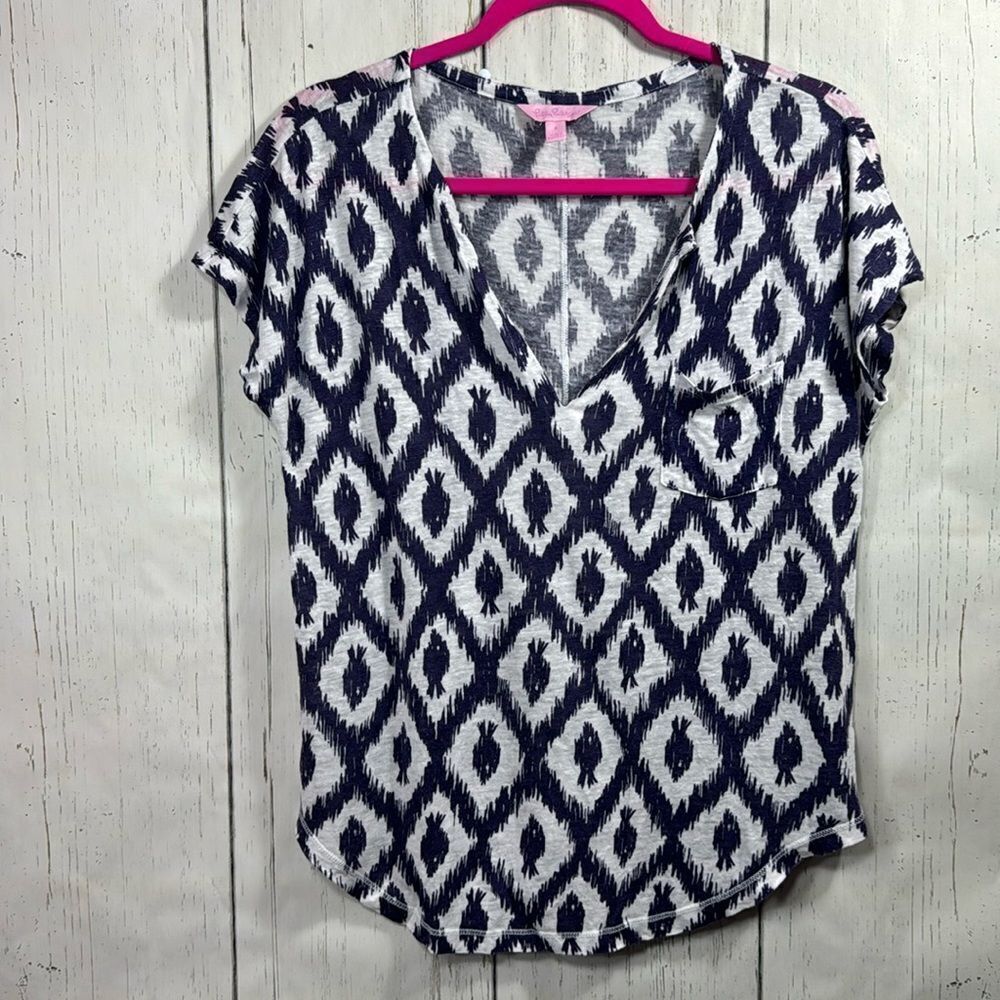 Lilly Pulitzer 100% Linen Duval Fish V Neck Short Sleeve Pocket Lightweight Top